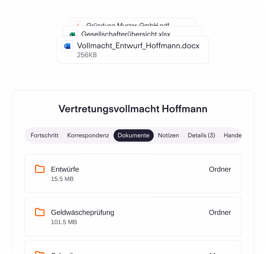 Digitale Akte in LawX mit Dokumentenordnern, Reitern und abgelegten Dateien