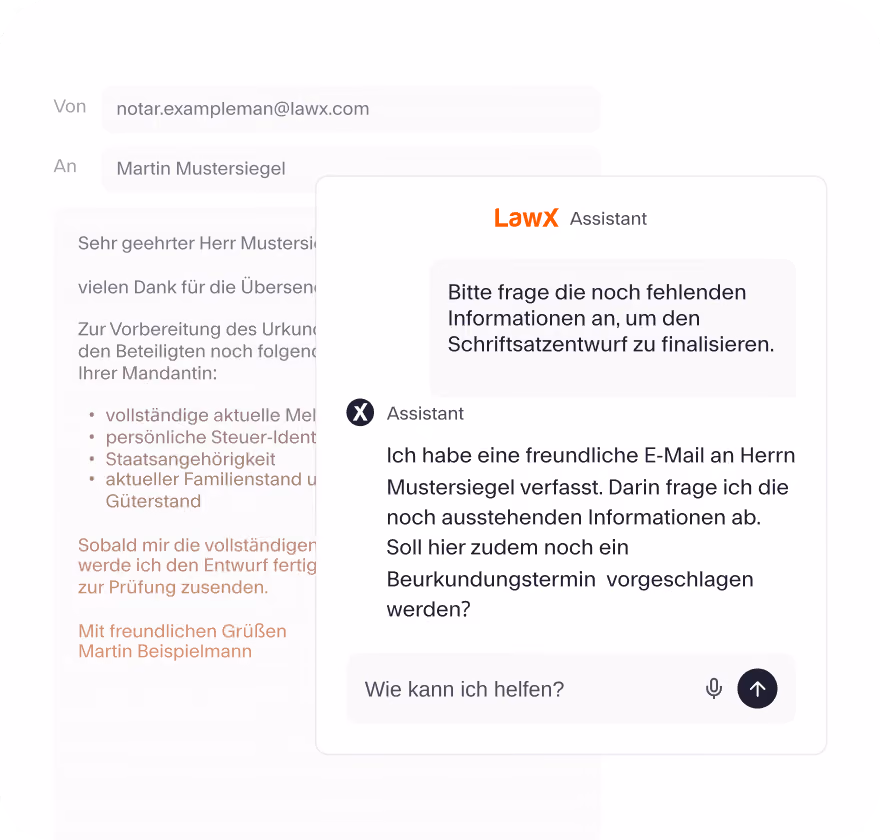 E-Mail-Entwurf mit dem LawX-Assistenten, der fehlende Angaben abfragt