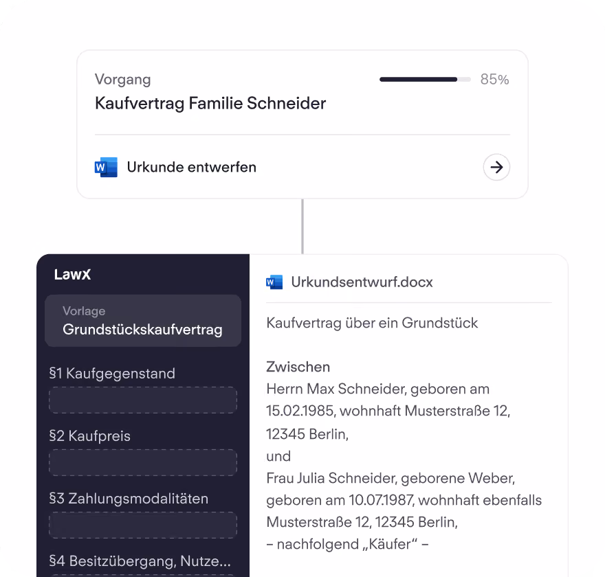 Vorgangskarte Kaufvertrag mit Vorlage Grundstückskaufvertrag und Urkundsentwurf in Word