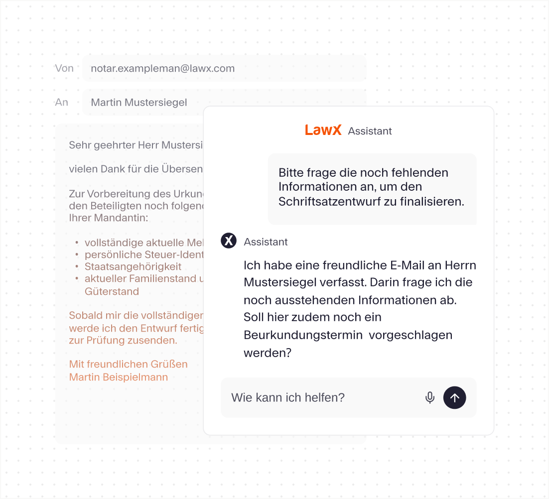 LawX-Assistent befüllt eine Urkundenvorlage mit den Falldaten