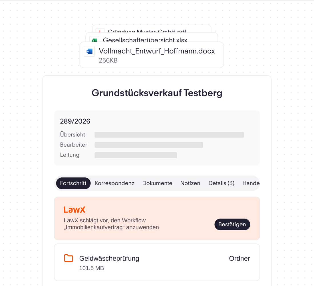 Digitale Akte Grundstücksverkauf Testberg mit Dokumenten, Fortschritt und einem Workflow-Vorschlag