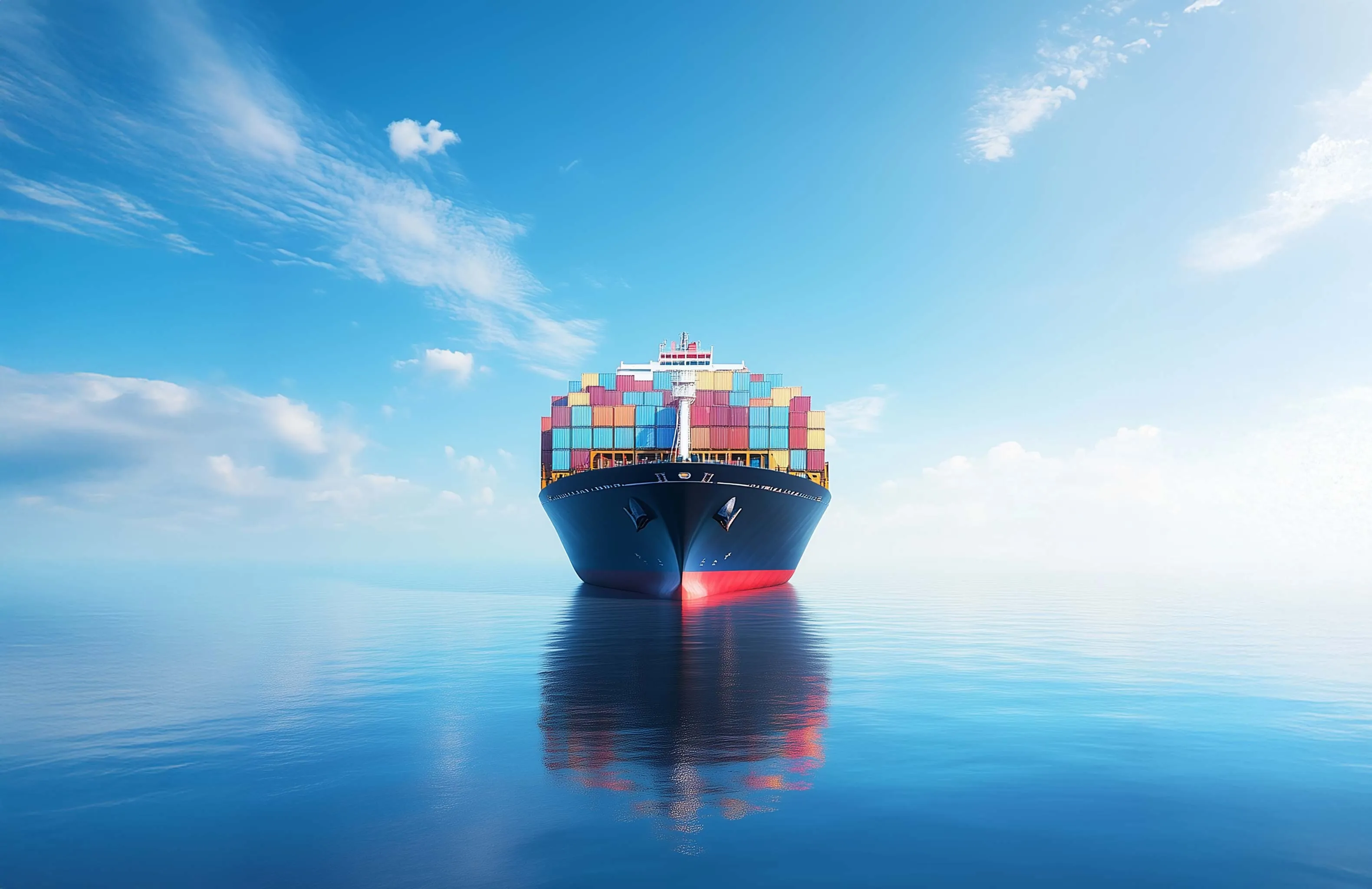Large cargo ship loaded with colorful shipping containers sailing on calm blue ocean under a partly cloudy sky.