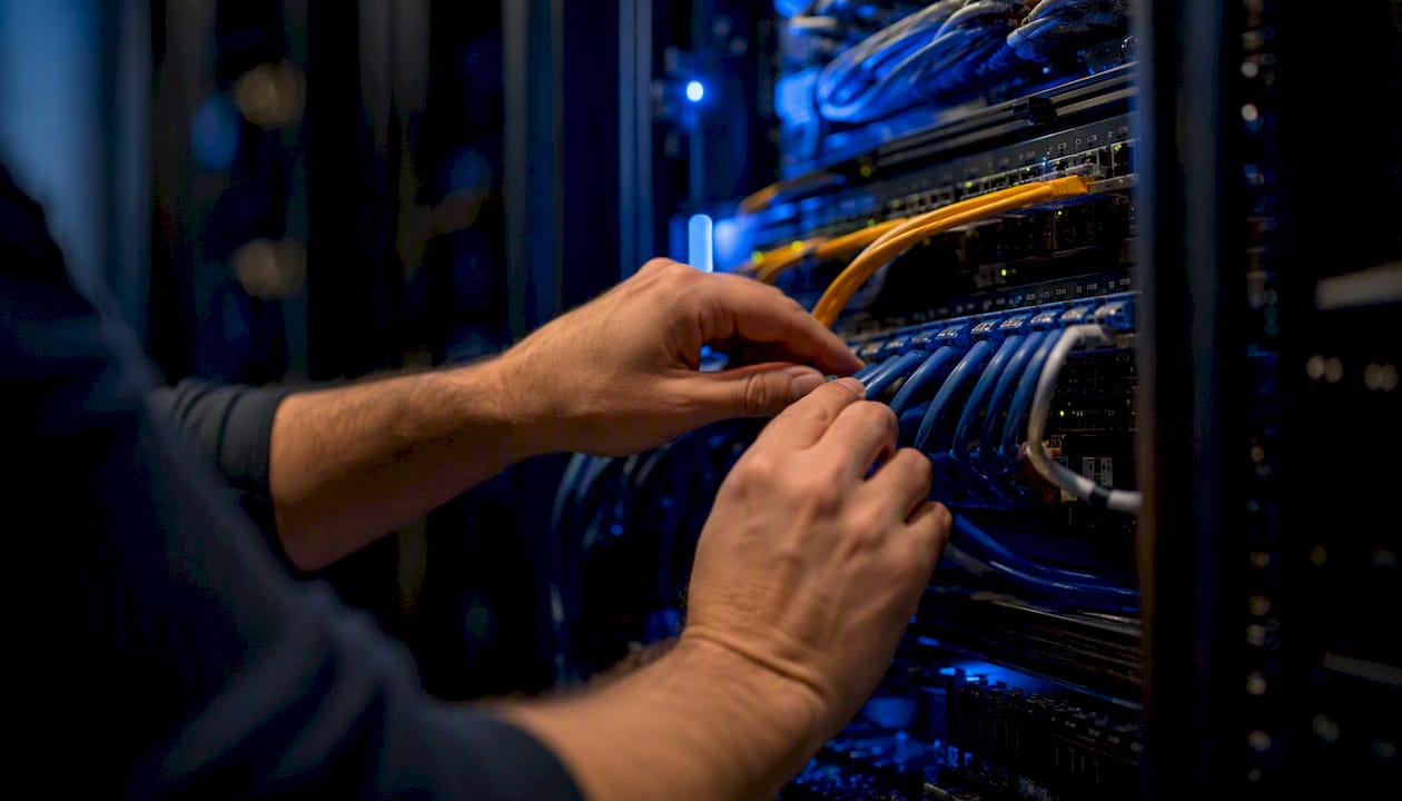 Technician managing network cables in server rack