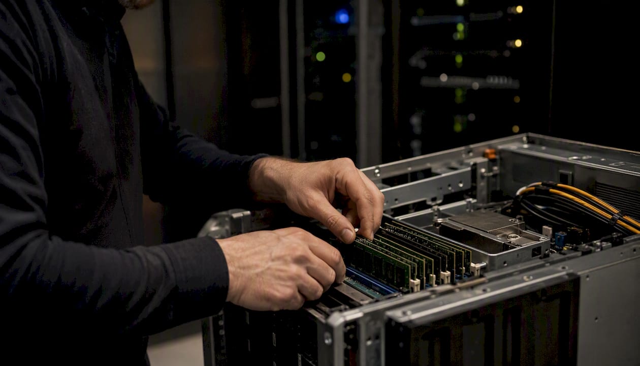 Hands adjusting RAM modules in server chassis