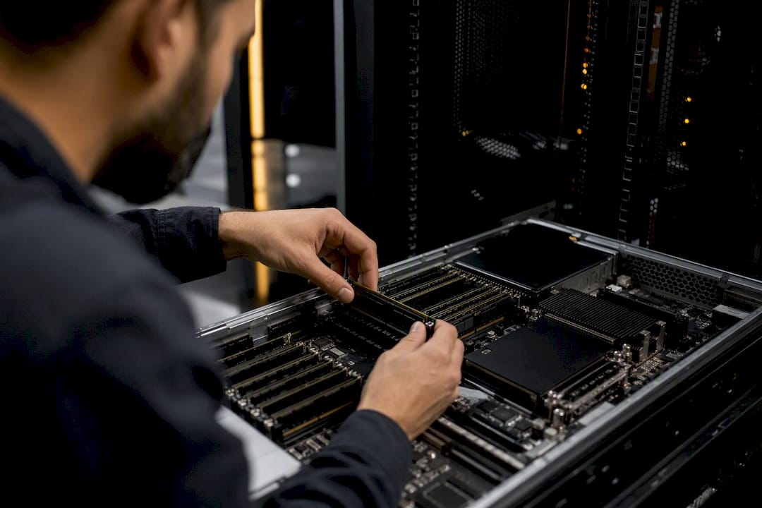 Hands adjusting server memory and CPU components