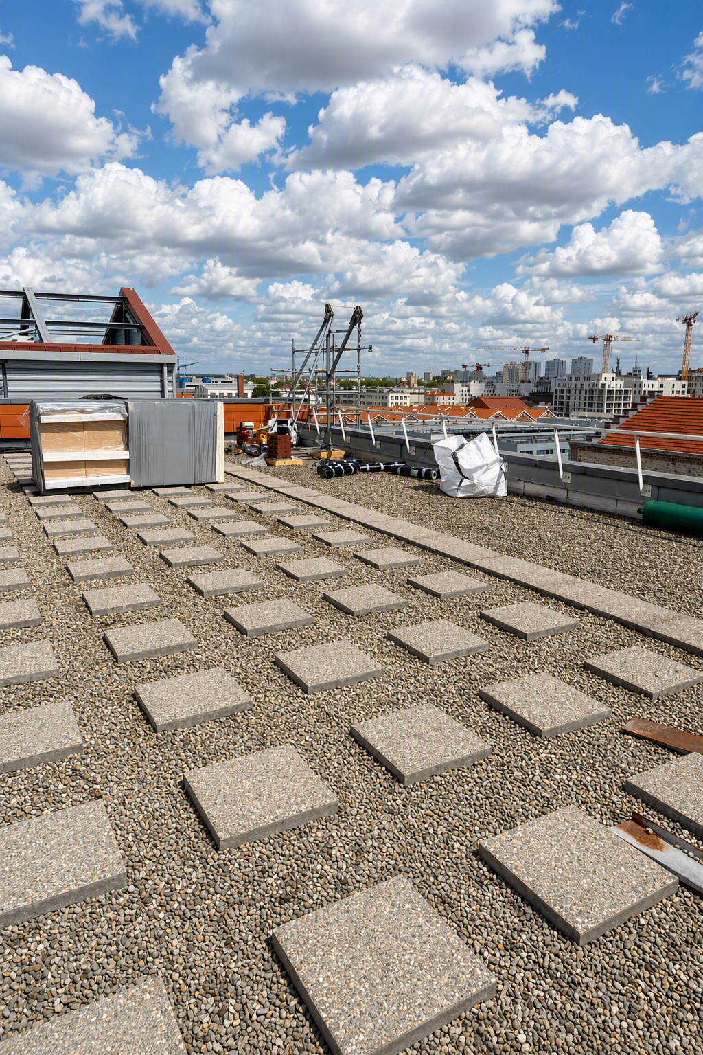 Chantier en cours : réfection d'étanchéité et reprise des relevés au niveau des panneaux photovoltaïques