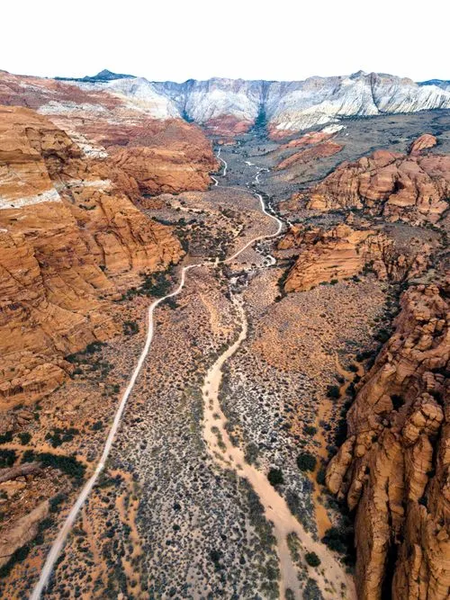 Vista aérea de un camino de acceso sinuoso a través de un cañón de roca roja