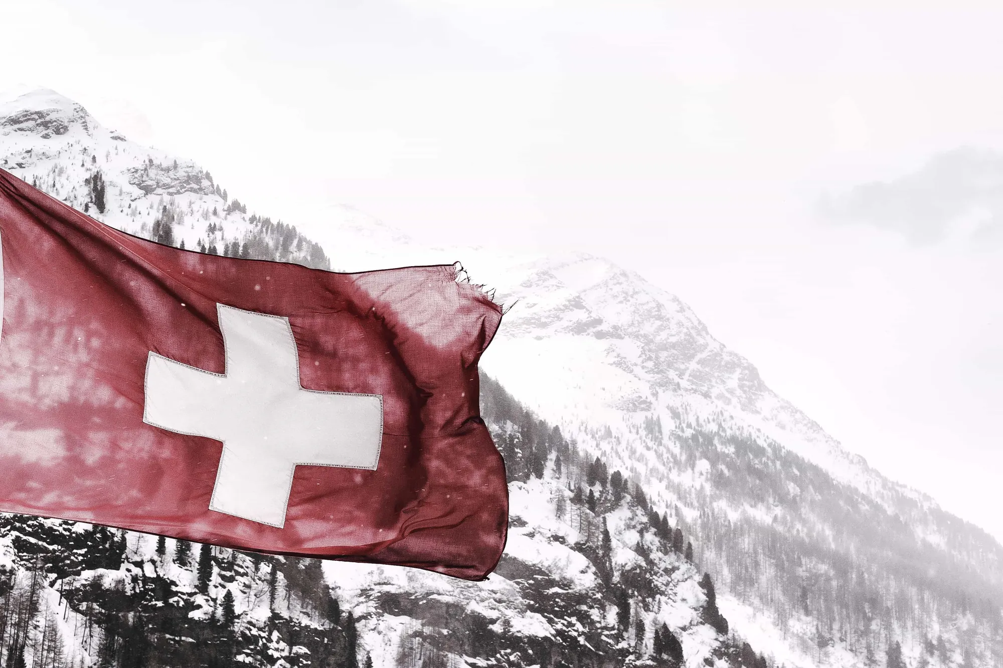 Bandera suiza ondeando frente a montañas nevadas