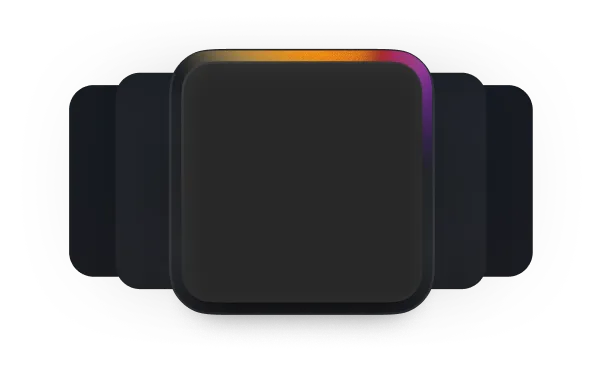 Black square smartwatch face with rounded corners and a subtle gradient edge glow in orange and purple on a black strap against a black background.
