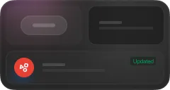 A dark interface screen with a red circular icon containing a white pi symbol, some blurred text, and a green label that says 'Updated'.