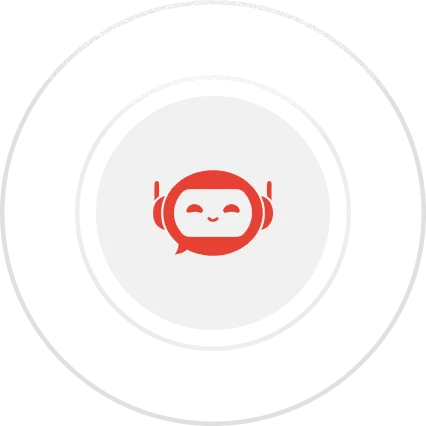 Red smiling chatbot icon with headphones inside a white circle on a dark background.