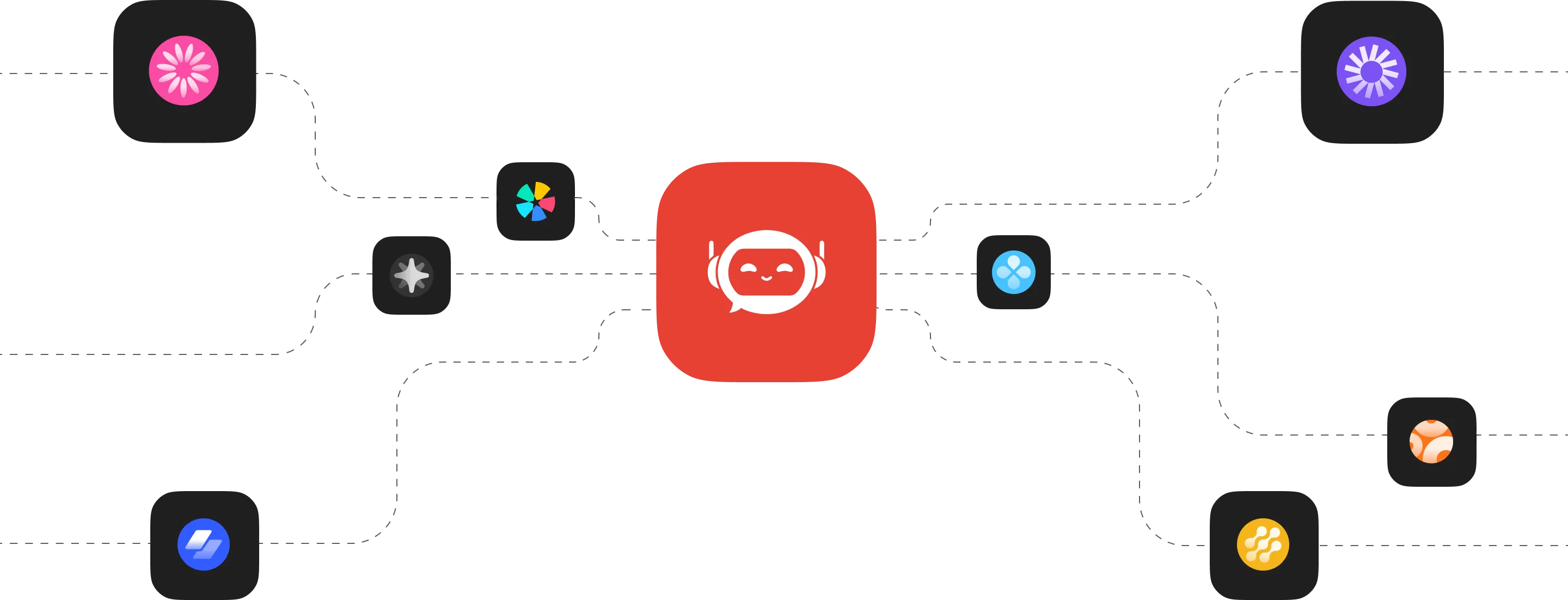 A central red square with a white smiling robot face wearing headphones and a speech bubble around the face, symbolizing chatbot or AI. Eight colorful icon squares surround it, connected by dotted lines, forming a network or integration concept.