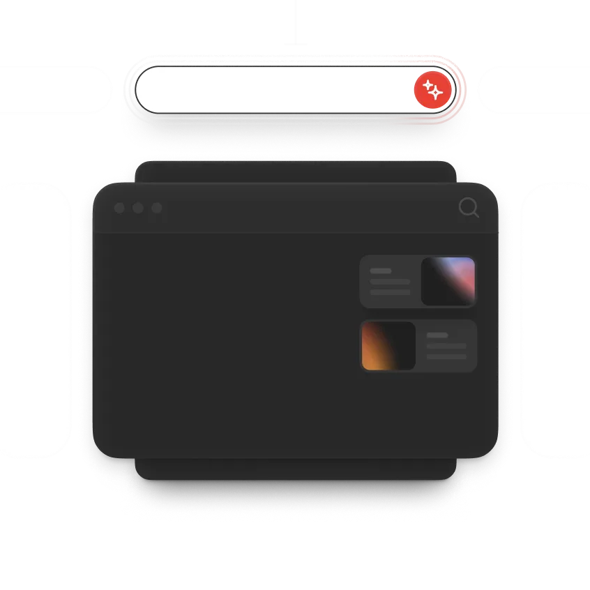 Illustration of a dark mode web browser window with a search icon in the top right corner and two content cards on the right side showing abstract color thumbnails.