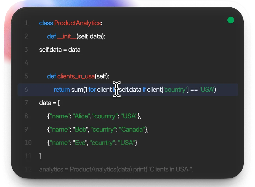 Python code defining a ProductAnalytics class with an __init__ method to store data and a method clients_in_usa that returns the count of clients with country set to 'USA'. The data list contains three clients: Alice from USA, Bob from Canada, and Eve from USA.