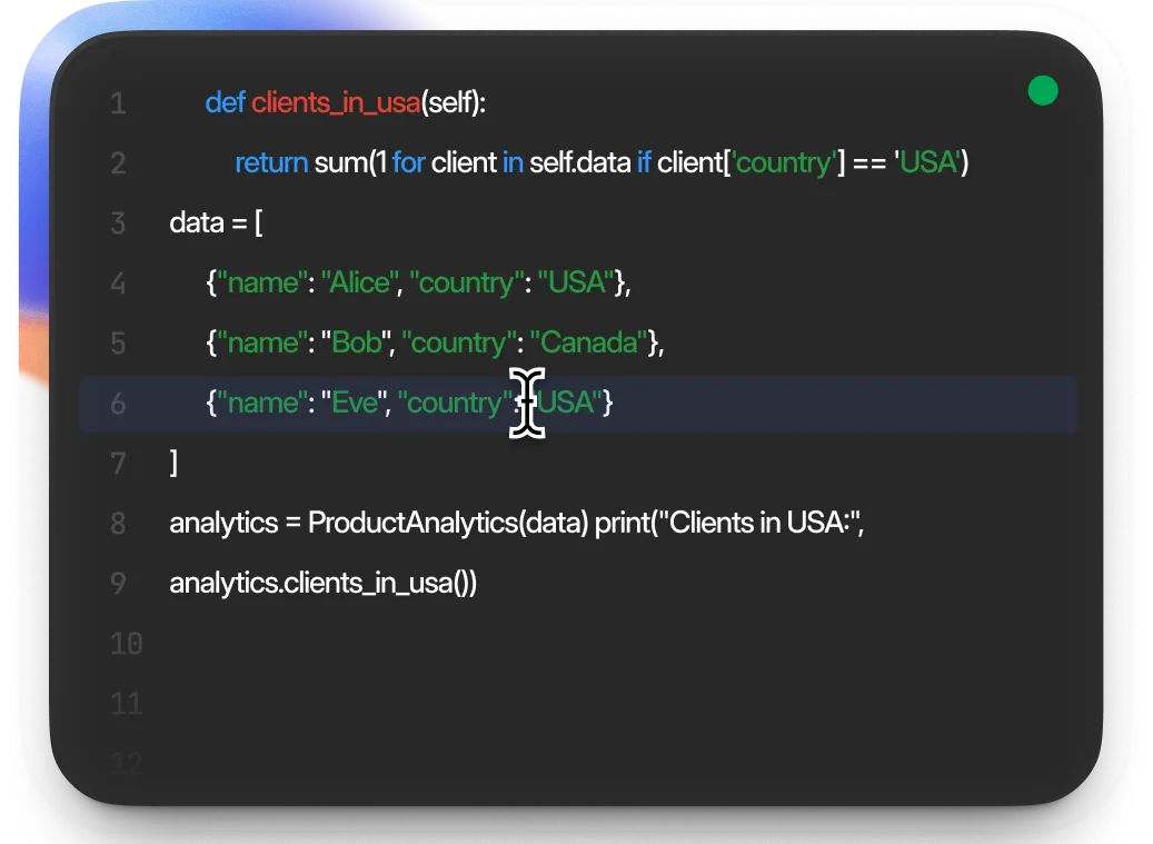 Code snippet in Python defining a function to count clients in USA from a data list with client names and countries: Alice USA, Bob Canada, Eve USA, followed by analytics object creation and function call.