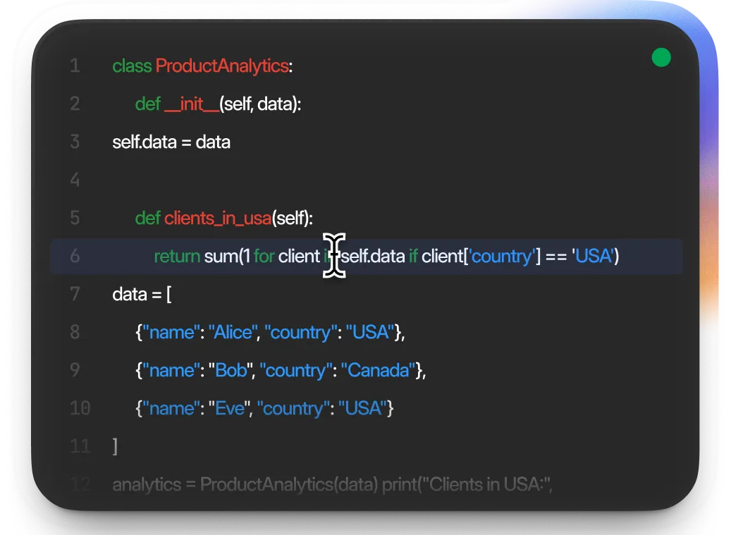 Python code defining a class ProductAnalytics with an initializer that stores data and a method clients_in_usa that returns the count of clients whose country is 'USA'. Sample data includes clients named Alice and Eve from USA, and Bob from Canada.