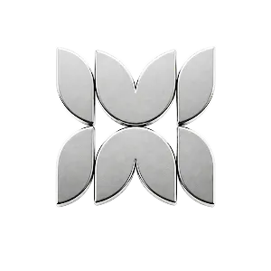 Four mirror pieces each shaped like a stylized leaf or petal arranged in a symmetrical pattern forming a square with a central void.