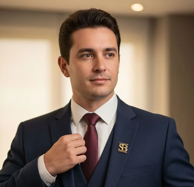 A man with dark hair in a navy blue suit, white shirt, and maroon tie adjusting his jacket lapel with a gold pin showing the letters 'SB'.