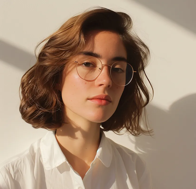 Young woman with short wavy brown hair and round glasses, wearing a white collared shirt, looking confidently at the camera with soft natural light casting shadows on a pale background.