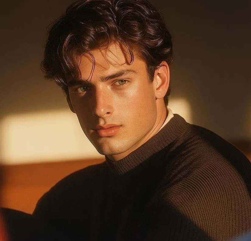 Portrait of a young man with wavy dark brown hair and green eyes wearing a dark brown turtleneck sweater, illuminated by warm natural light against a blurred background.
