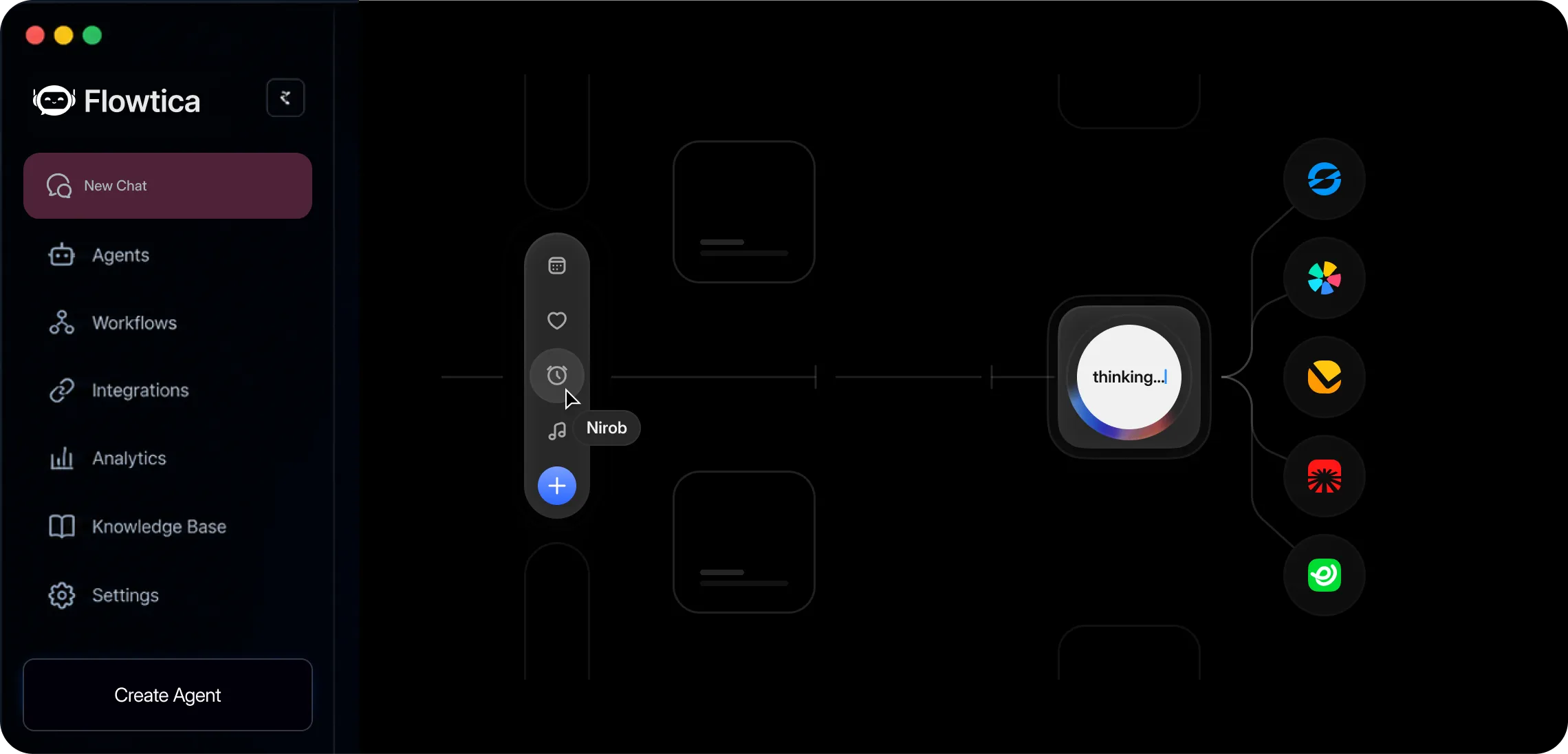 Flowtica app interface showing a dark-themed dashboard with a left sidebar menu including New Chat, Agents, Workflows, Integrations, Analytics, Knowledge Base, and Settings. Central area visualizes a flowchart with a thought bubble labeled 'thinking...', connected to various colorful icons on the right and a vertical toolbar on the left with icons for calendar, favorites, alarm, music, and a blue plus button. A cursor hovers over the alarm icon with a tooltip labeled 'Nirob.' A Create Agent button is visible at the bottom of the sidebar.