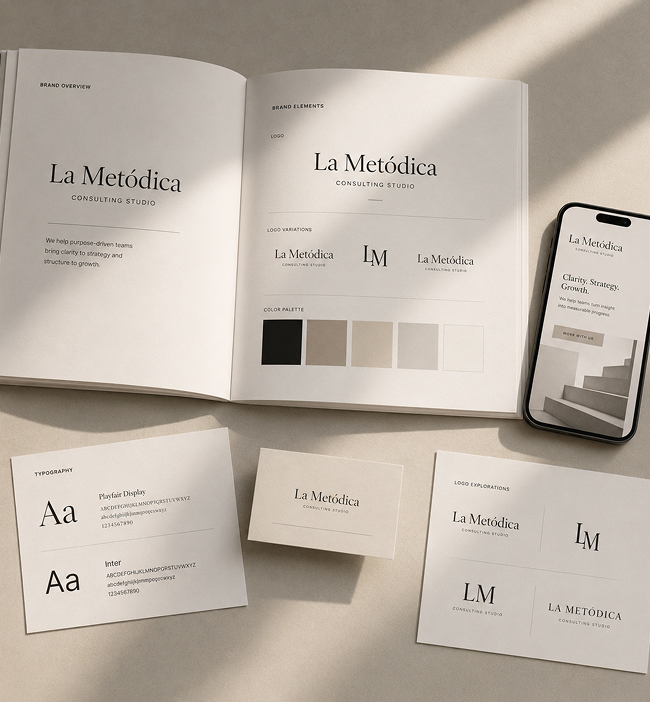 Cuaderno de trabajo con bocetos y notas de estrategia y diseño.