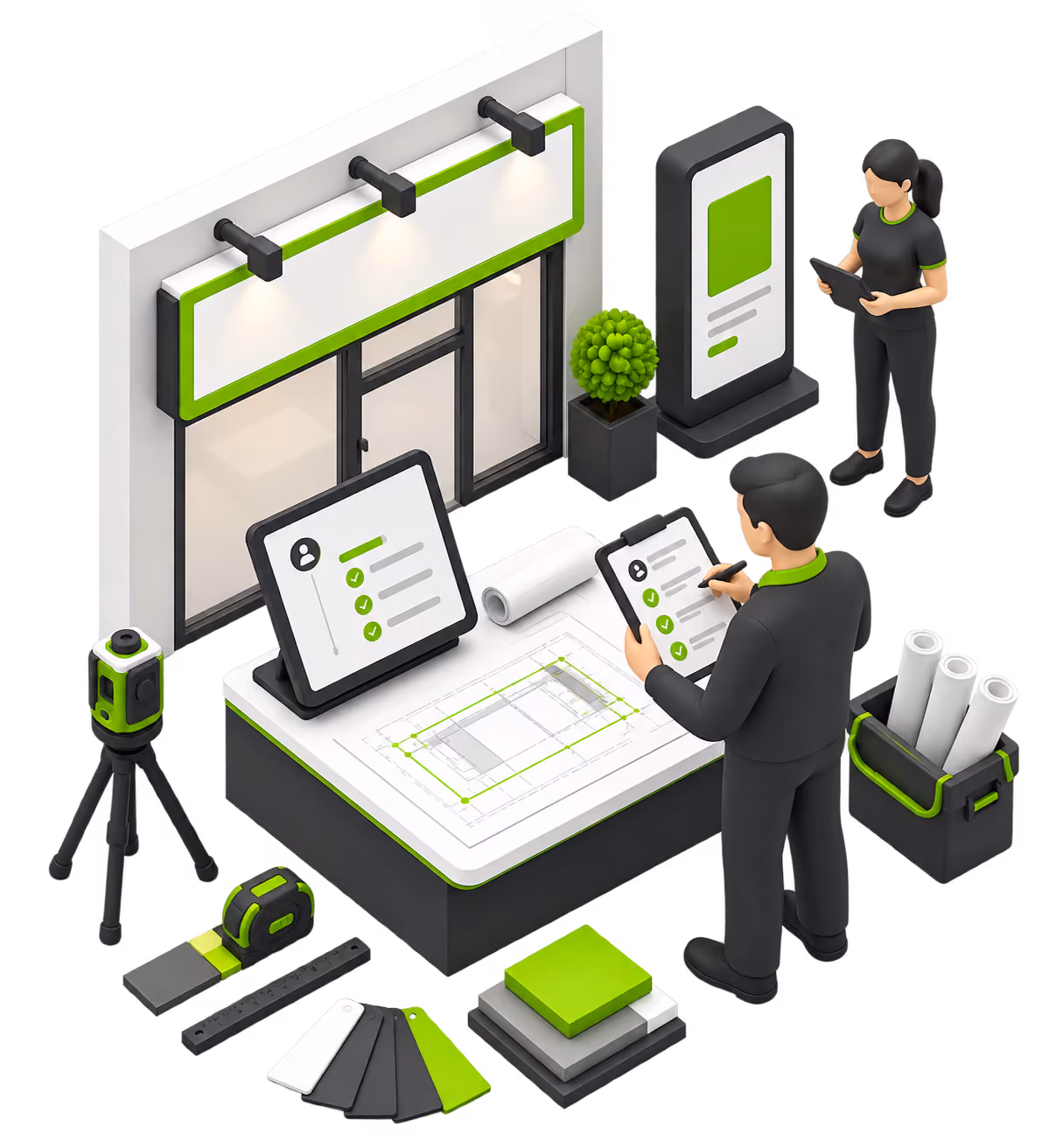 Two people reviewing architectural plans and checklists with design tools and samples nearby.