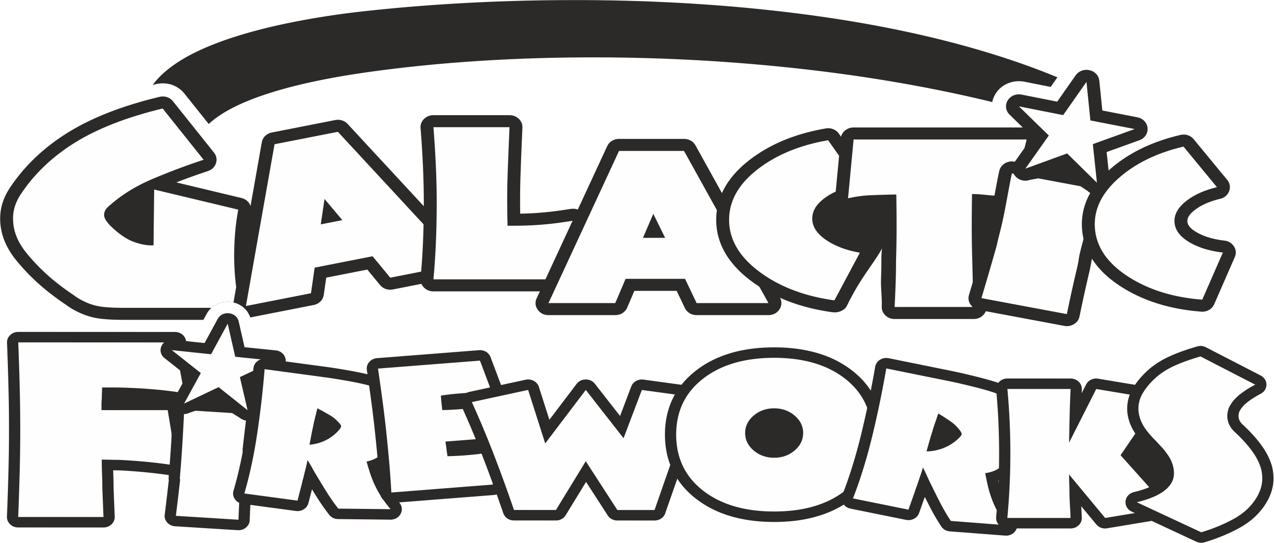 Logo text reading Galactic Fireworks with star shapes over letters on black background.
