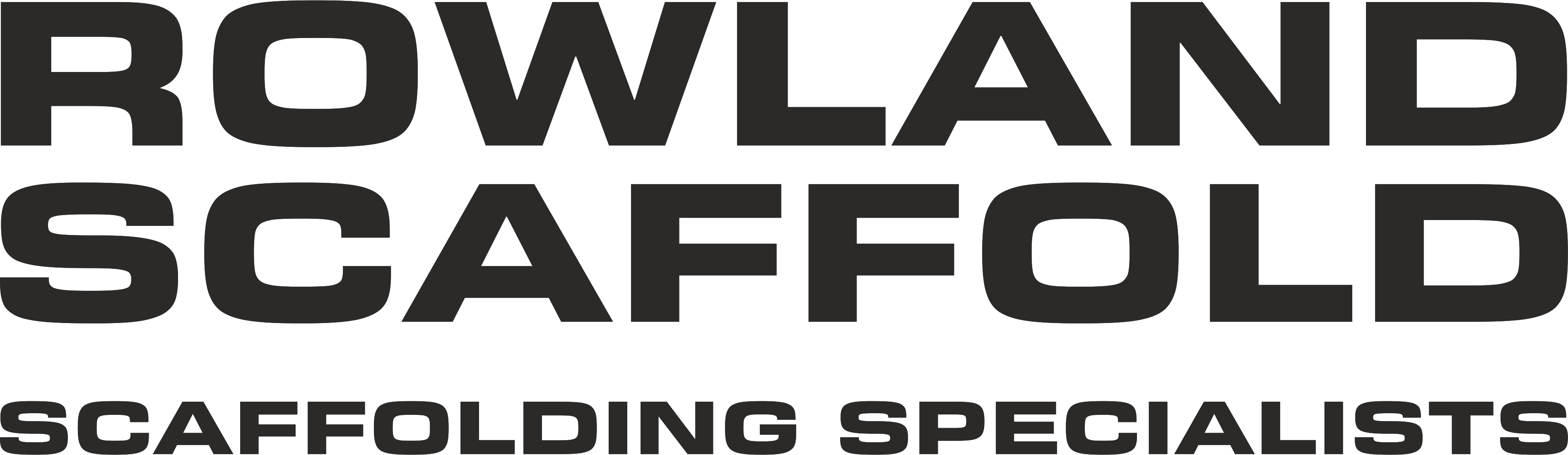 Rowland Scaffold text logo with tagline Scaffolding Specialists in bold black letters.