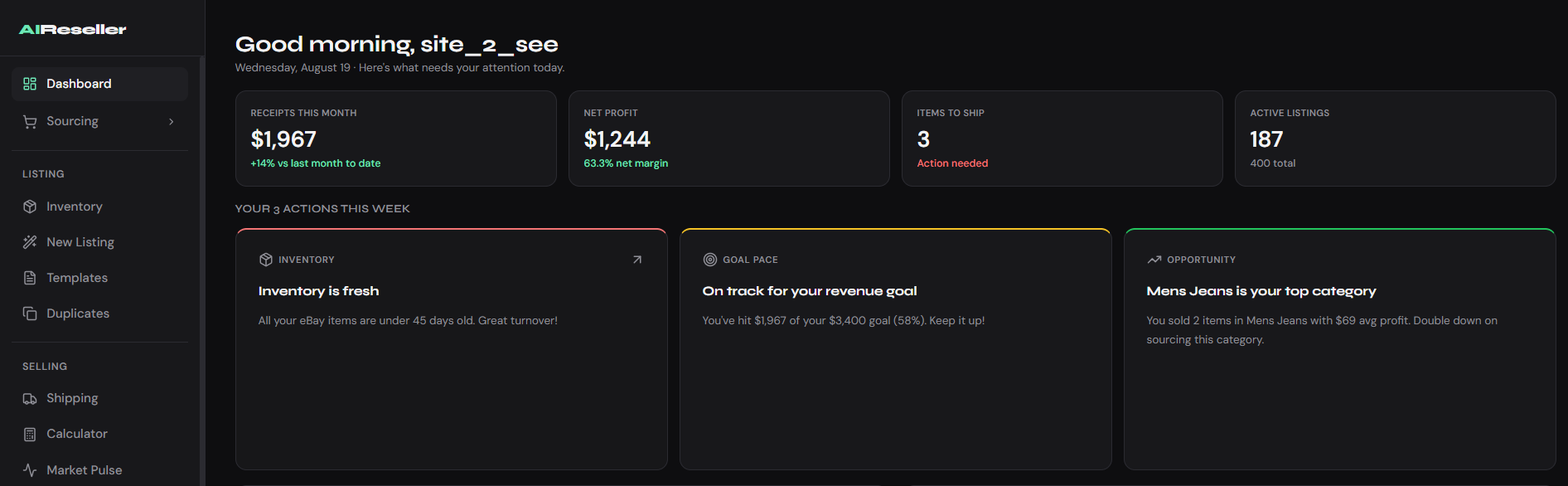 AI Reseller Pro dashboard showing monthly receipts, net profit and platform sales