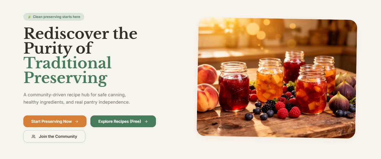 JarJam Preserve homepage showing jars of preserved fruit and the tagline Rediscover the Purity of Traditional Preserving