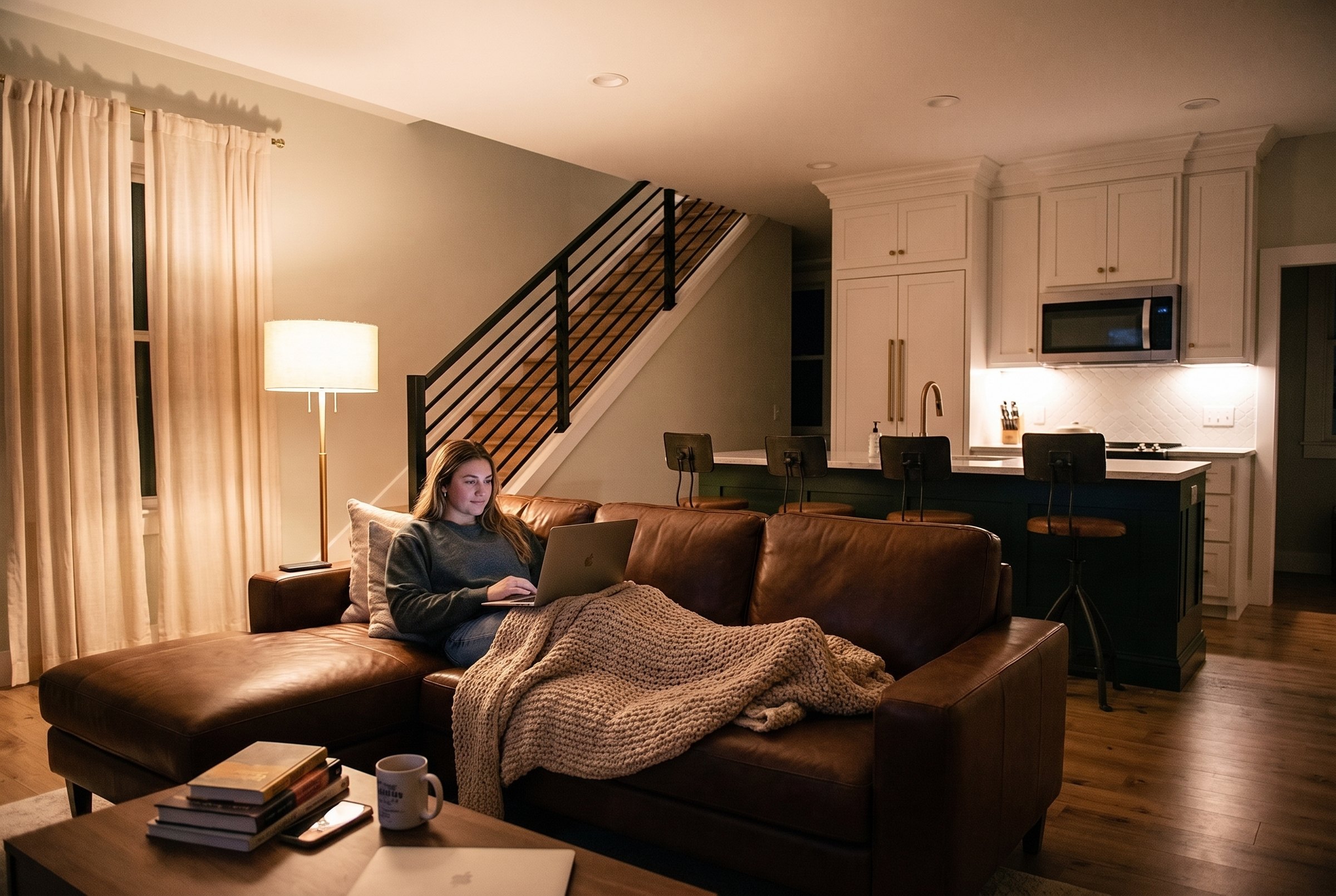 Evening in a Judges Row living room with utilities included