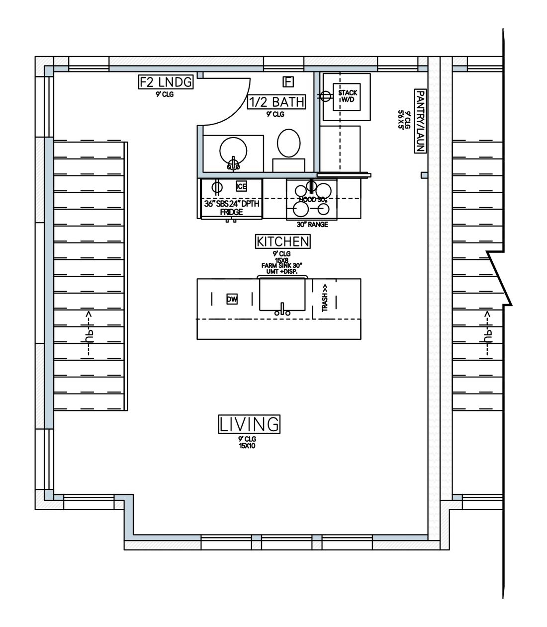 Second floor plan showing the kitchen, island, living room, pantry, laundry and half bath