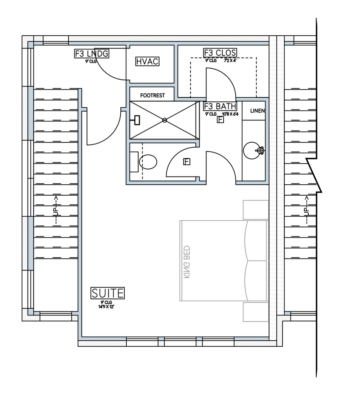 Third floor plan showing the bedroom suite, walk-in closet and full bathroom