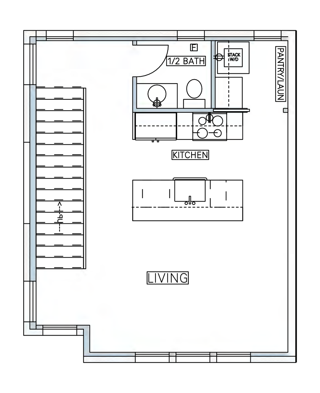 Second floor plan showing the kitchen, island, living room, pantry, laundry and half bath