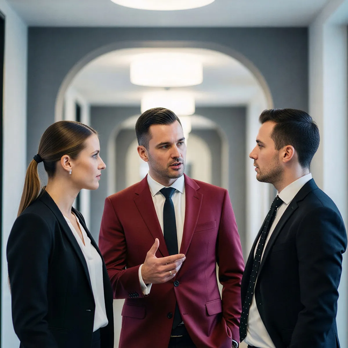 Three professionally dressed colleagues having a serious discussion in a modern office hallway.