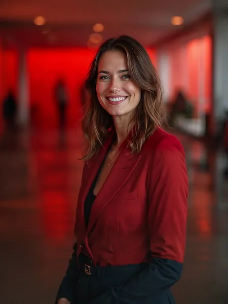 Smiling woman with brown hair wearing a red blazer over a black top standing indoors with a red and orange blurred background.