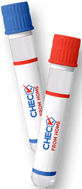Two sample collection tubes labeled CHECK FROM HOME with red and blue caps.