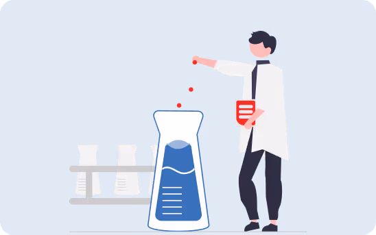 Illustration of a scientist in a white lab coat dropping a red substance into a flask with liquid, with test tubes on a rack nearby.