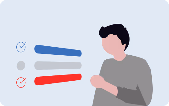 Illustration of a person gesturing towards checkboxes, with one option checked in red against a blue background.