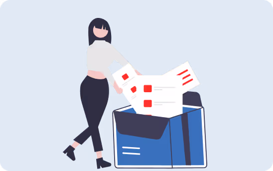 Illustration of a woman placing documents into a large blue open box.