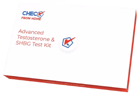 Box labeled 'Advanced Testosterone & SHBG Test Kit' with Check From Home logo.