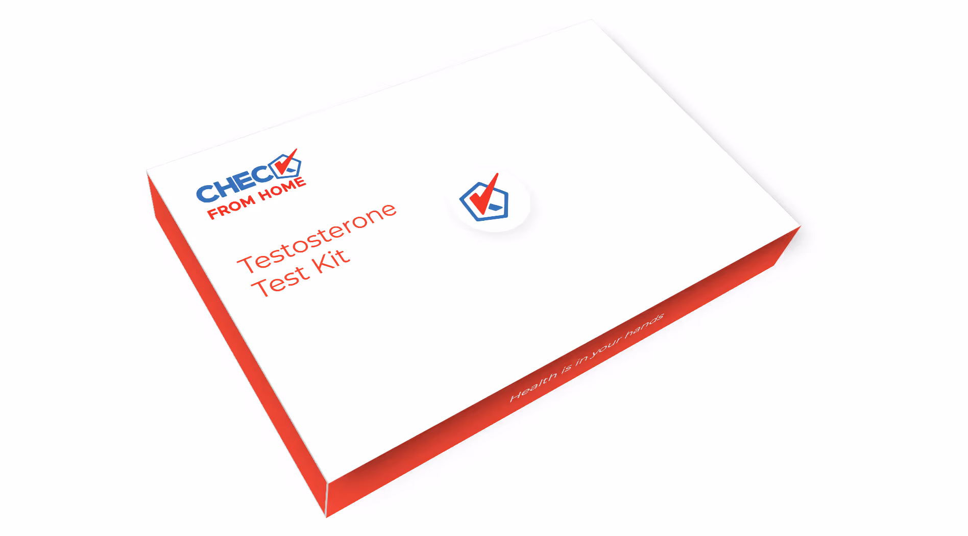 White and red box labeled 'Check From Home Testosterone Test Kit' with a blue and red checkmark logo.