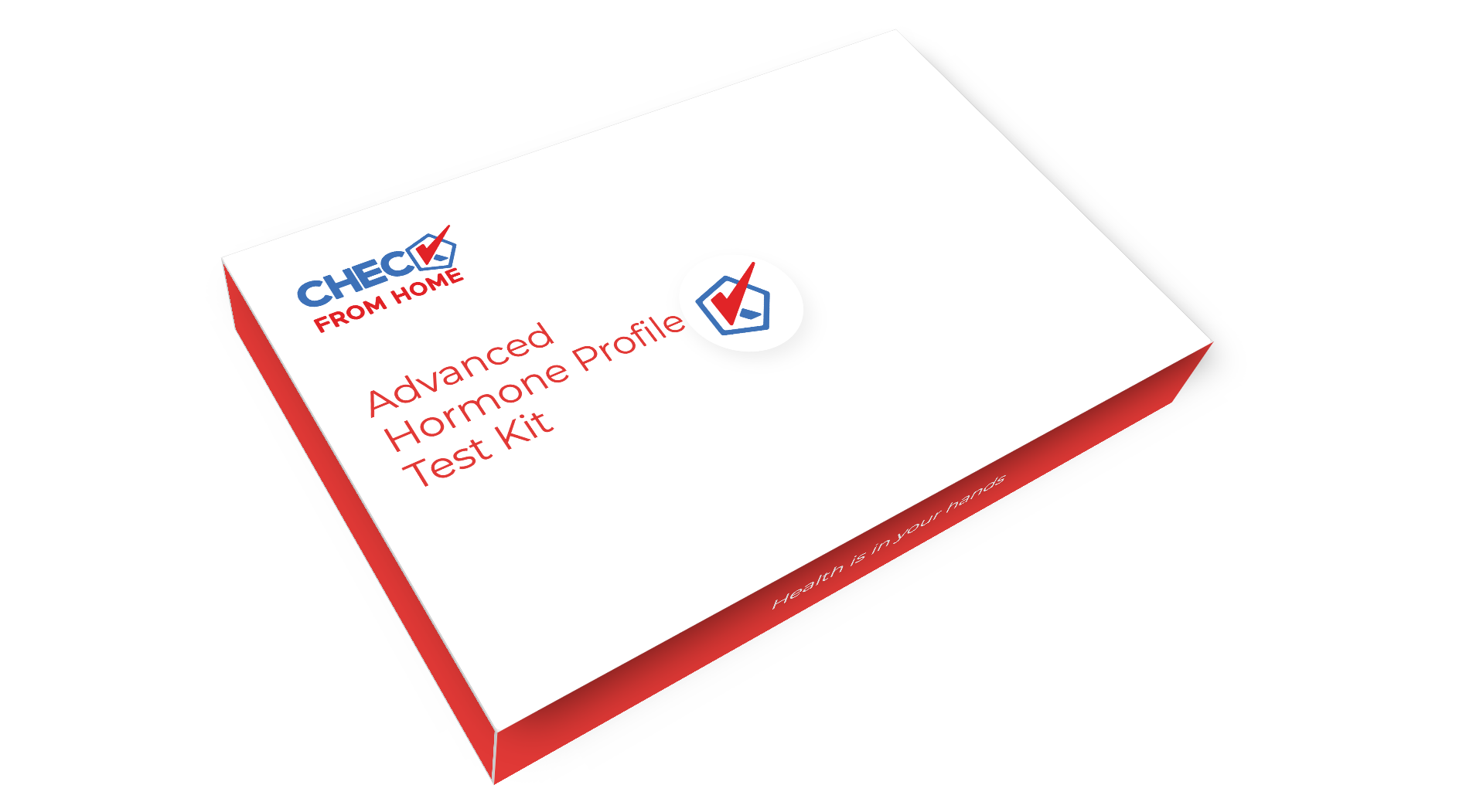 Check From Home Advanced Hormone Profile Test Kit box in white with red sides and a checkmark logo.