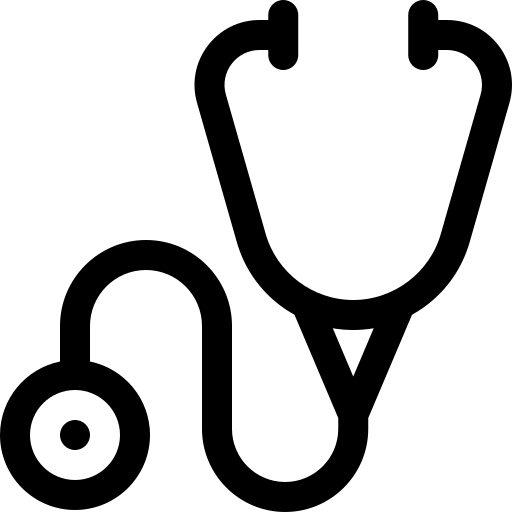 Black and white icon of a stethoscope with earpieces and a circular chest piece.