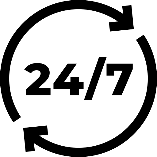 Clock icon with a check mark inside a circle, symbolizing 24/7 availability or service.