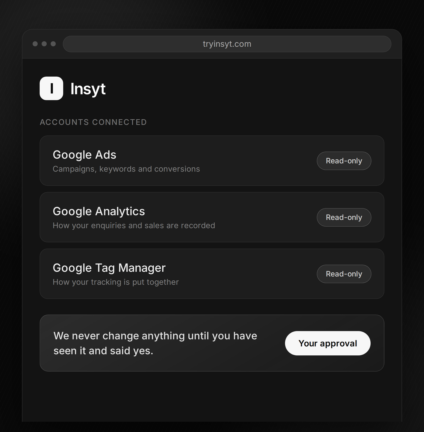 Insyt showing Google Ads, Google Analytics and Google Tag Manager connected with read-only access