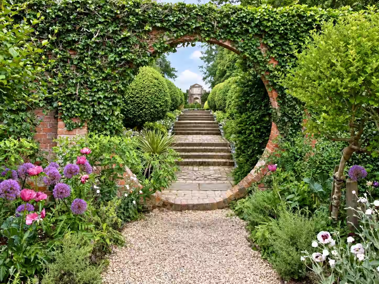 Garden archway and stone steps surrounded by flowers