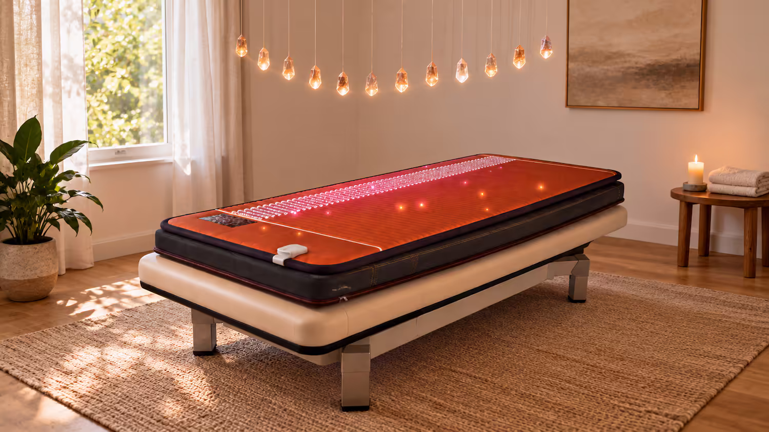Crystal Bed and Bioacoustic Mat in a warmly lit treatment room