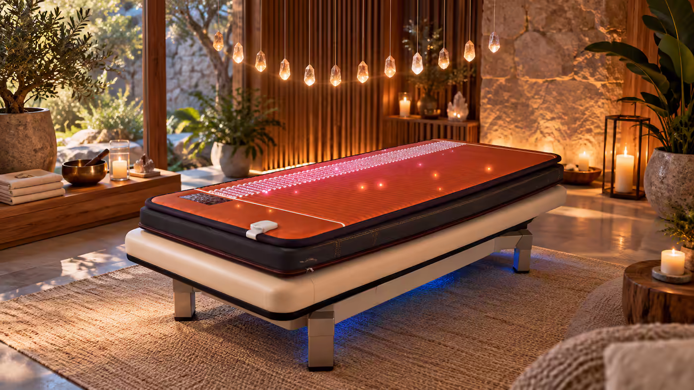 Crystal Bed under string lights in a cozy healing room
